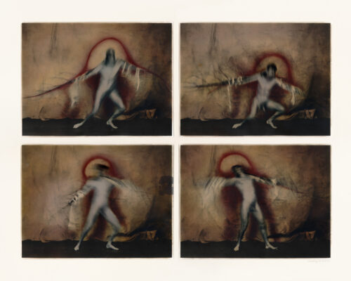 Katie Eleanor, Grounding (as Icarus), 2025 Quadtych of hand-coloured silver gelatine prints mounted on cotton core board. 16" x 20"