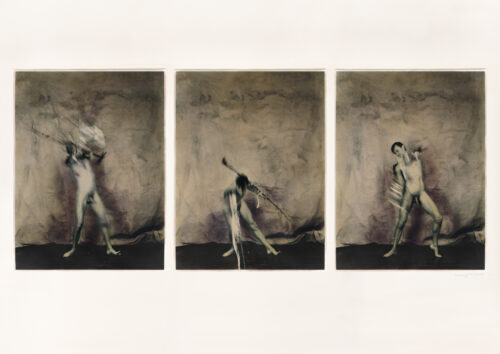 Grounding (as Icarus), 2025Katie Eleanor, Grounding (as Icarus), 2025 Triptych of hand-coloured silver gelatine prints mounted on cotton core board. 16.5" x 23.4"