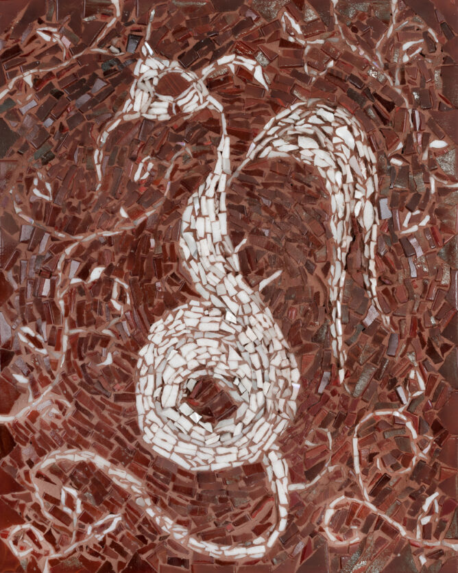 Katie Eleanor Faerie IV (Kelp), 2025 Mosaic with glass and nacre. 10" x 8"