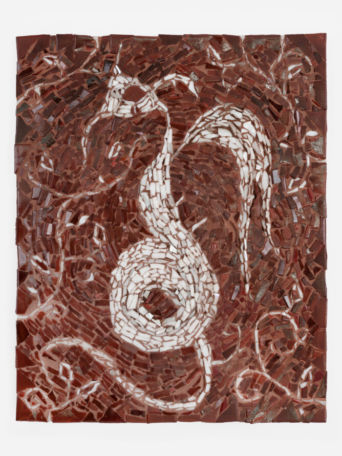 Katie Eleanor Faerie IV (Kelp), 2025 Mosaic with glass and nacre. 10" x 8"