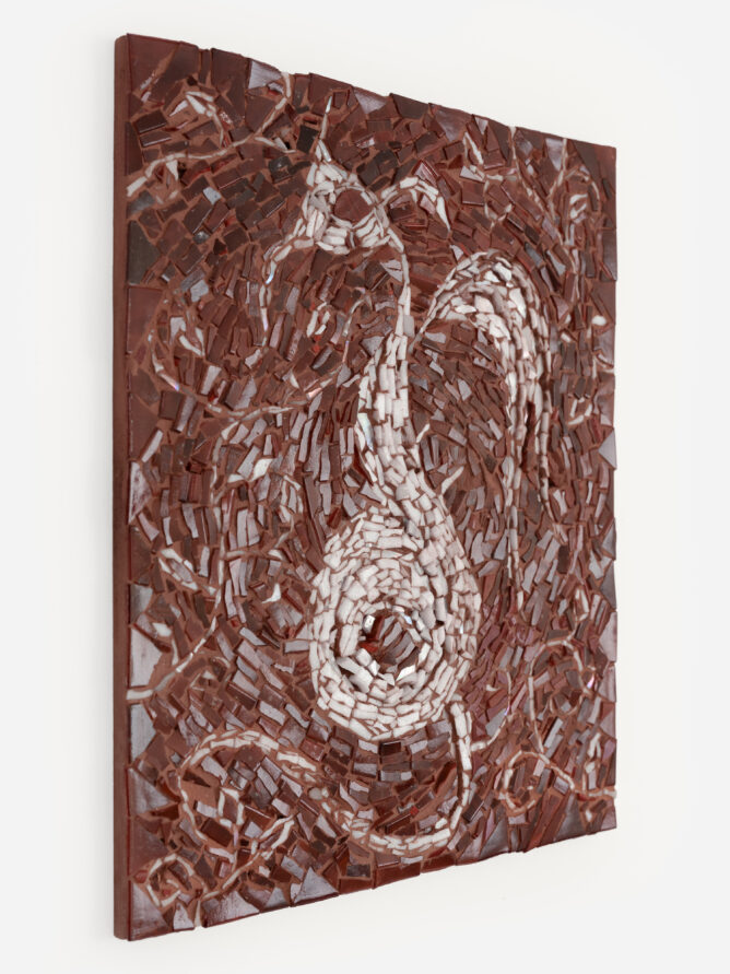 Katie Eleanor Faerie IV (Kelp), 2025 Mosaic with glass and nacre. 10" x 8"