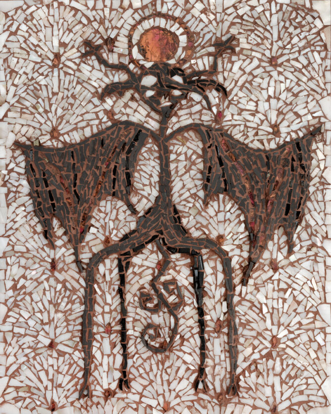 Katie Eleanor, Faerie VI (Tooth), 2025. Mosaic with glass, porcelain, and nacre. 10" x 8".