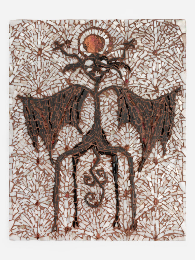 Katie Eleanor, Faerie VI (Tooth), 2025. Mosaic with glass, porcelain, and nacre. 10" x 8".