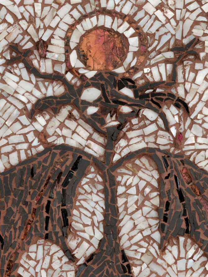 Katie Eleanor, Faerie VI (Tooth), 2025. Mosaic with glass, porcelain, and nacre. 10" x 8".