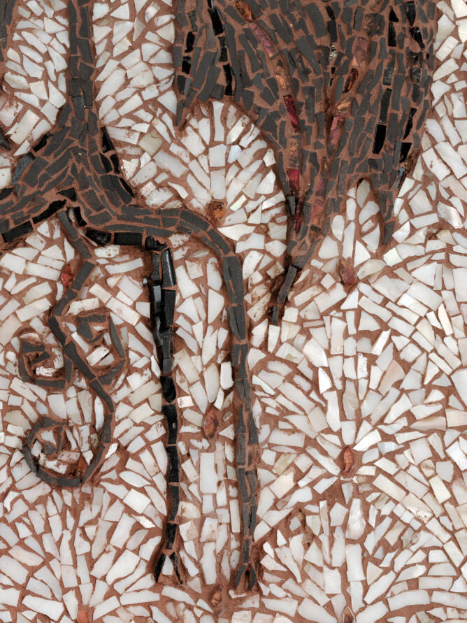 Katie Eleanor, Faerie VI (Tooth), 2025. Mosaic with glass, porcelain, and nacre. 10" x 8".