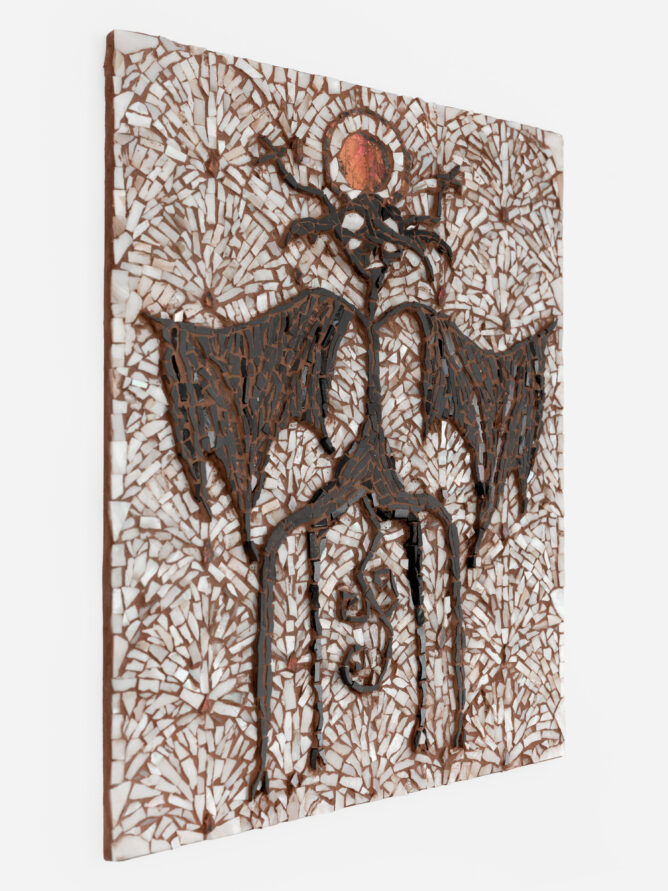 Katie Eleanor, Faerie VI (Tooth), 2025. Mosaic with glass, porcelain, and nacre. 10" x 8".