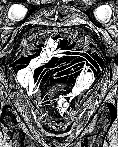 Katie Eleanor, Faerie V (Womb), 2025. Ink on paper. 10" x 8".