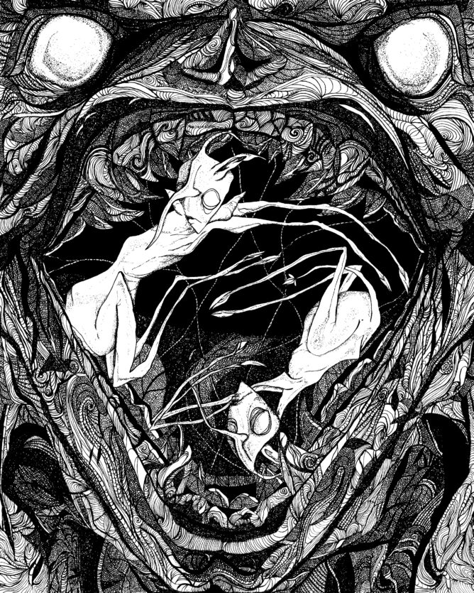 Katie Eleanor, Faerie V (Womb), 2025. Ink on paper. 10" x 8".