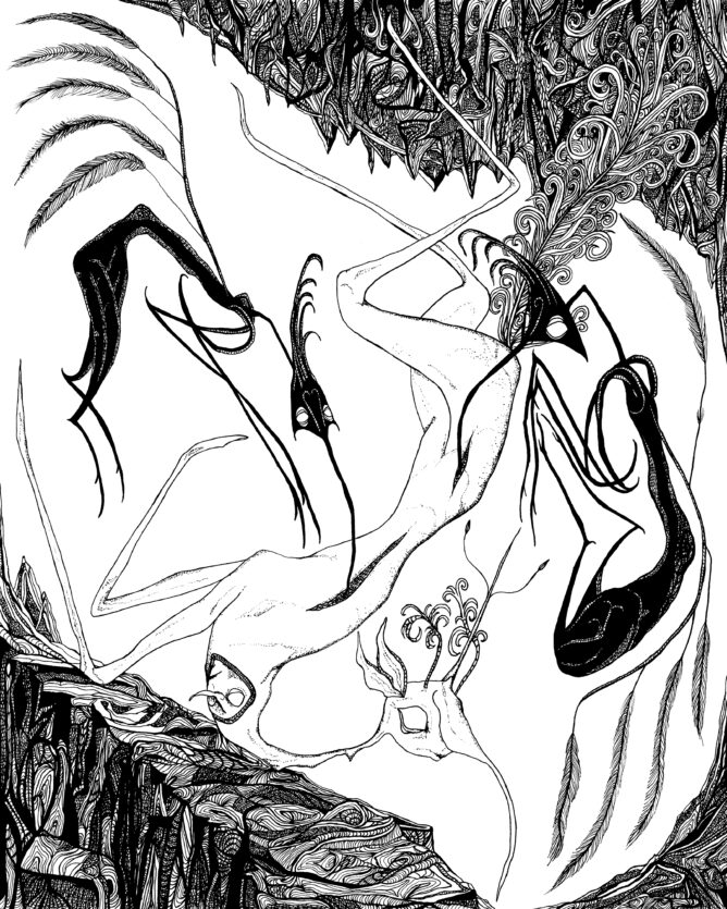 Katie Eleanor, Faerie VIII (Feast II), 2026. Ink on paper. 10" x 8"