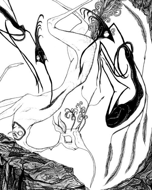 Katie Eleanor, Faerie VIII (Feast II), 2026. Ink on paper. 10" x 8"